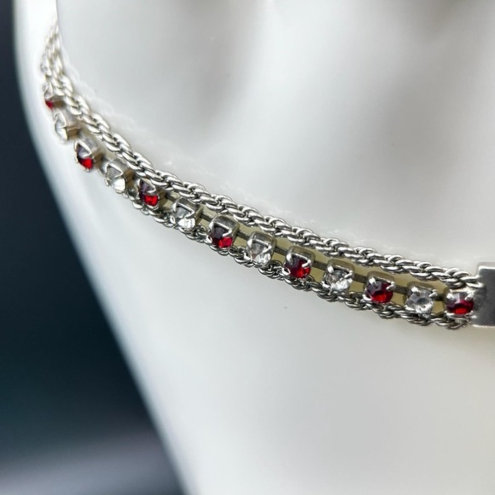 Vintage Ruby & Clear White Rhinestone Silver Bracelet Jewelry 7" Y2K 90s‎ 2000s